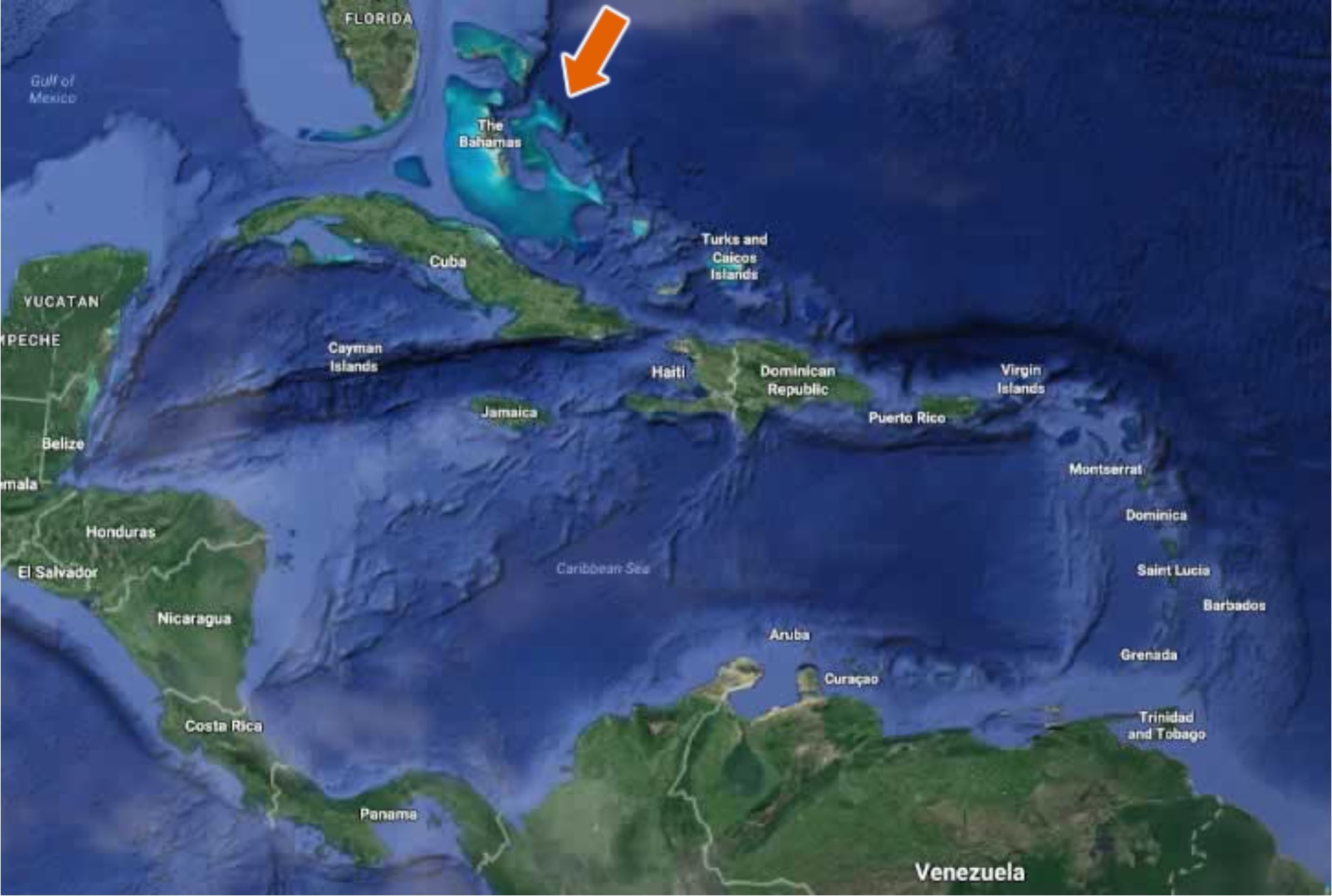 The Bahamas' position in the Atlantic, relative to Florida, Cuba and the Caribbean